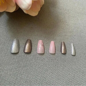 ✨Pink Marble with Gold and Silver Glitter Design - Glossy Press On Nails